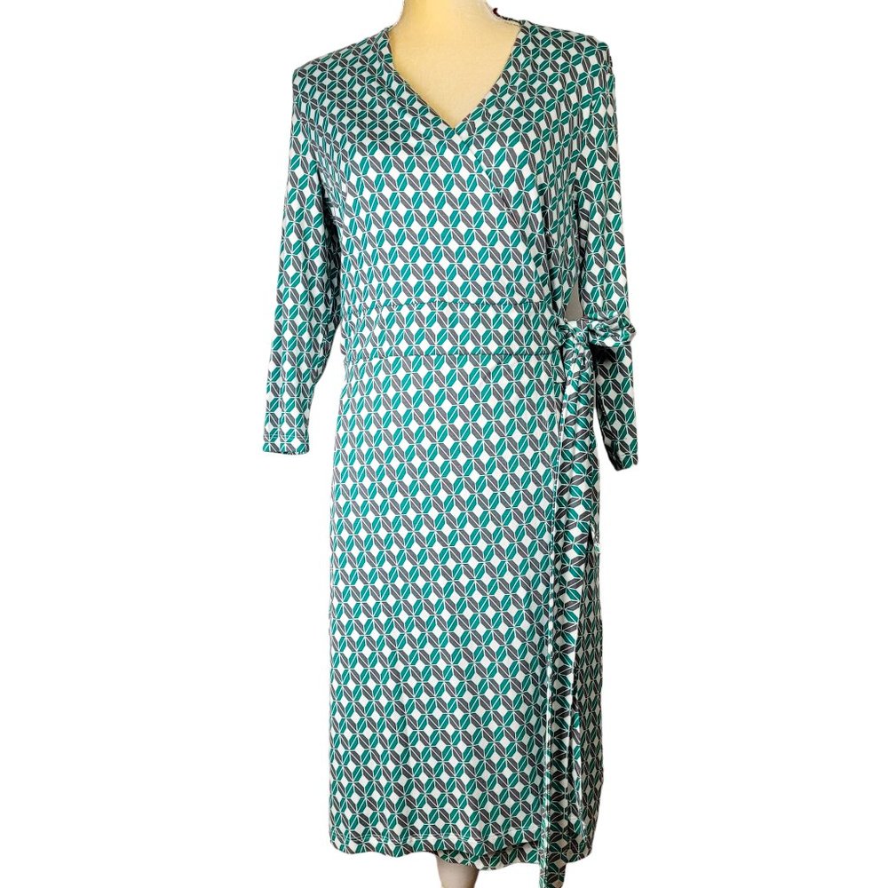 Sade Wrap Dress Womens 12 Teal Grey Geo Knit Preppy Business Casual Stretch Ties